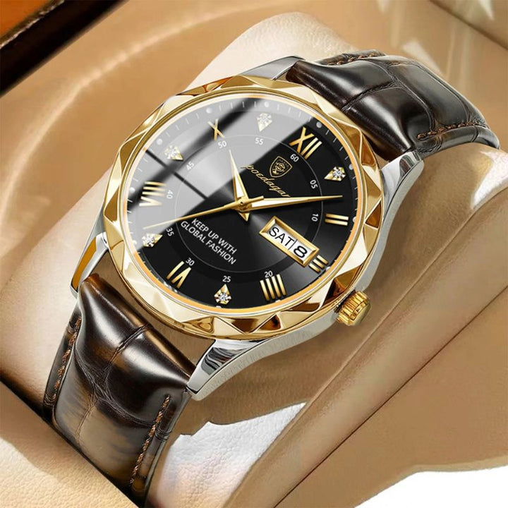 Relógio de Quartzo com Pulseira de Couro Luxuosa