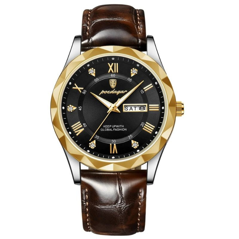 Relógio de Quartzo com Pulseira de Couro Luxuosa