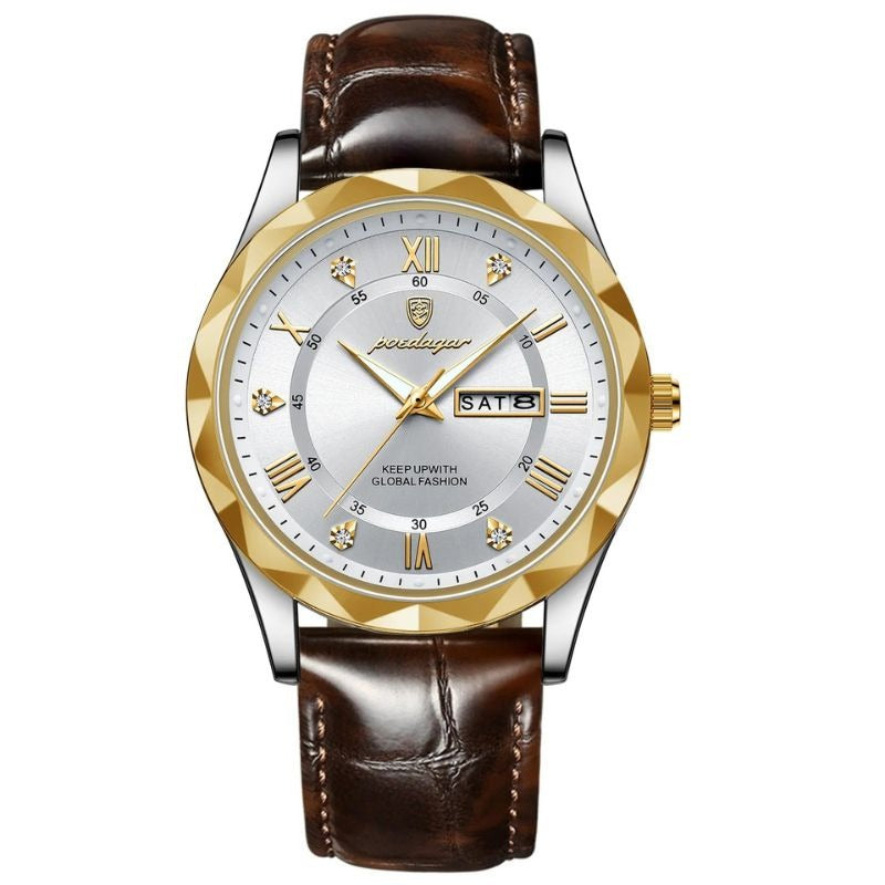 Relógio de Quartzo com Pulseira de Couro Luxuosa