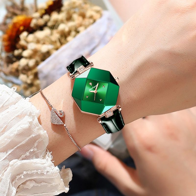Relógio de Quartzo com Diamante Verde de Luxo