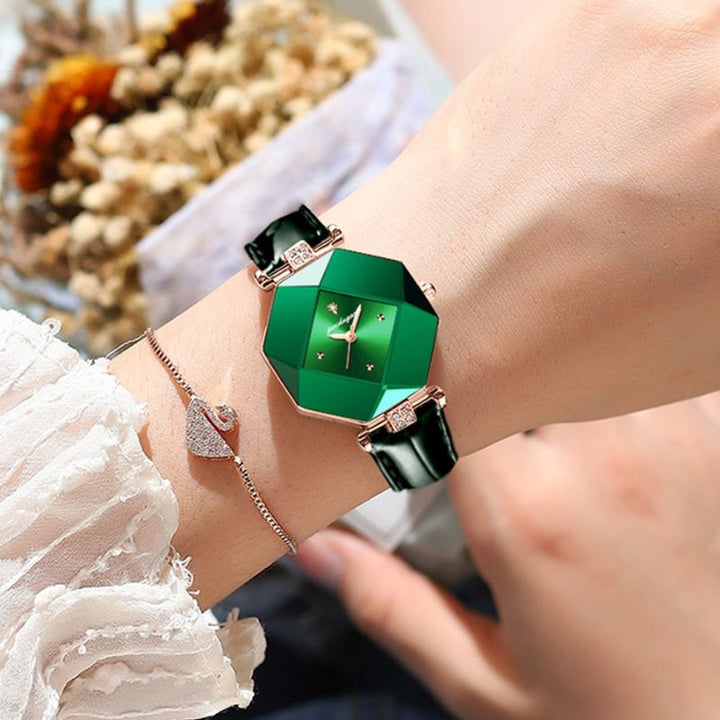 Relógio de Quartzo com Diamante Verde de Luxo