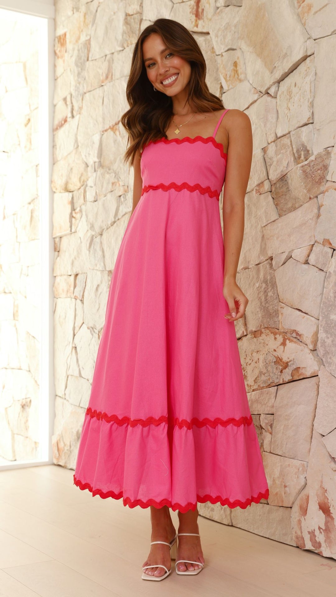 Vestido Midi Brodey - Rosa / Vermelho