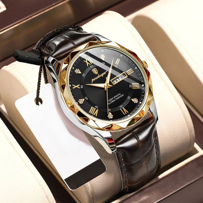 Relógio de Quartzo com Pulseira de Couro Luxuosa