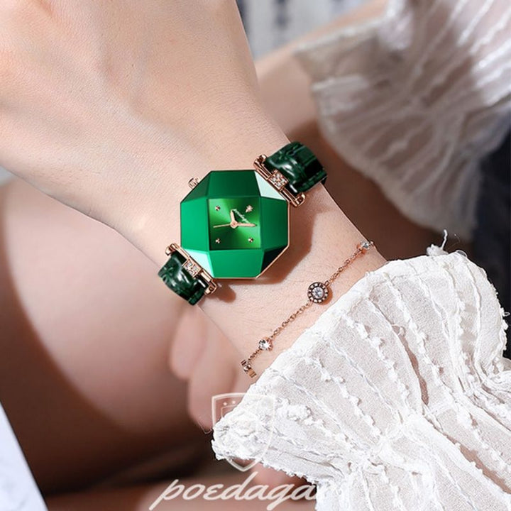 Relógio de Quartzo com Diamante Verde de Luxo
