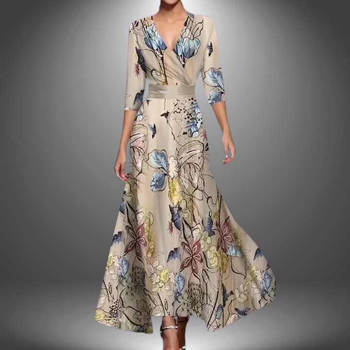 Zora - Vestido Maxi Boho com Decote V e Manga Curta que Valoriza