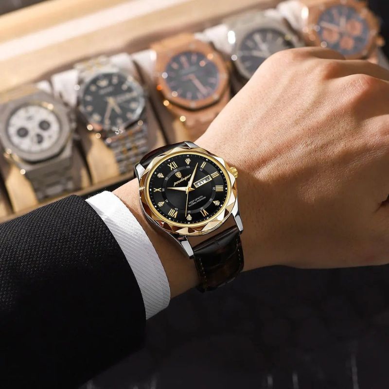 Relógio de Quartzo com Pulseira de Couro Luxuosa