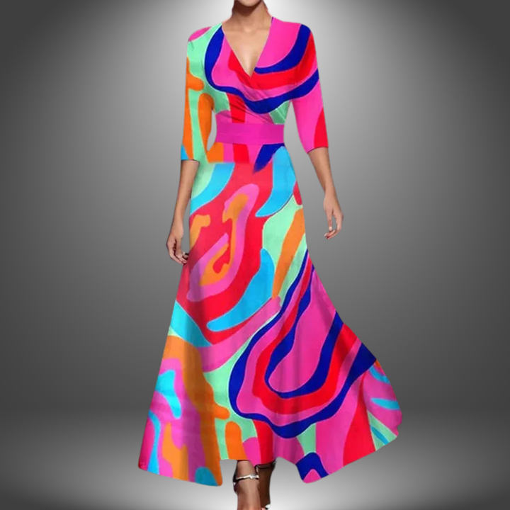 Zora - Vestido Maxi Boho com Decote V e Manga Curta que Valoriza
