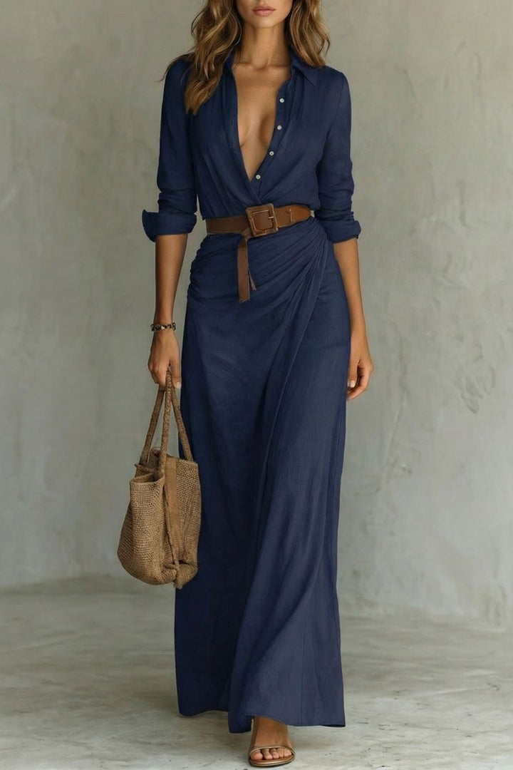 Azura | Vestido Maxi com Cinto e Decote em Botões