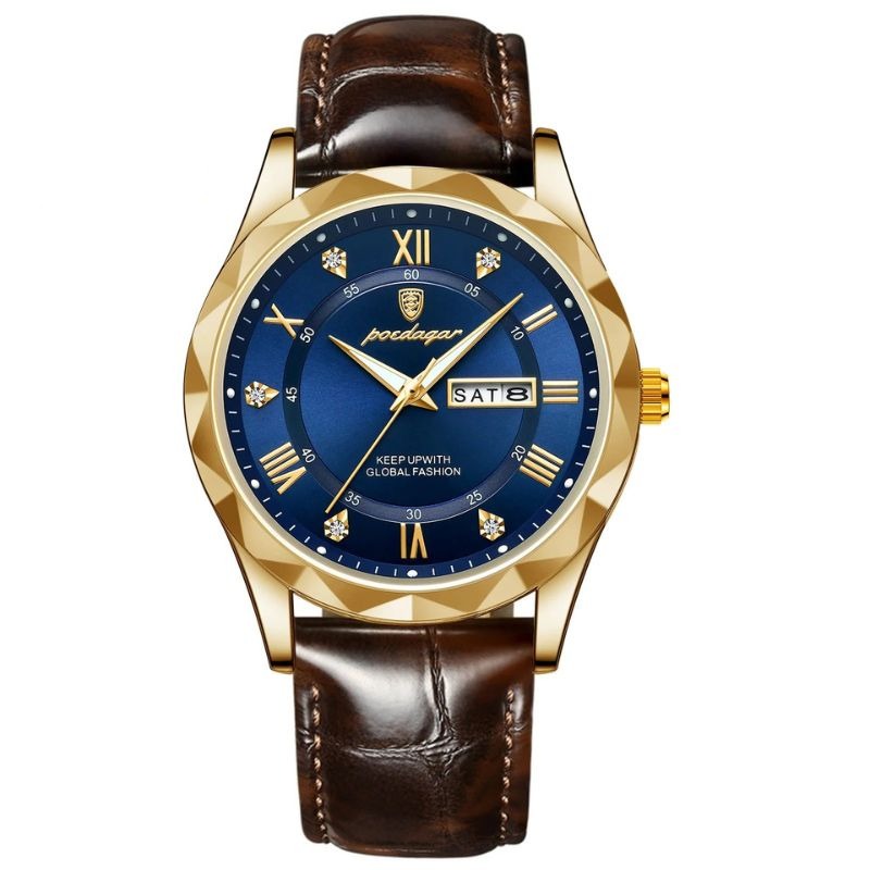 Relógio de Quartzo com Pulseira de Couro Luxuosa