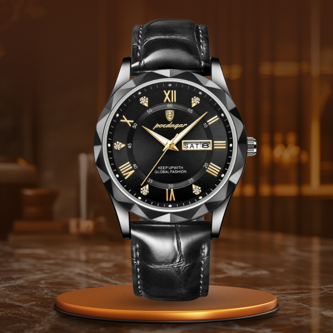 Relógio de Quartzo com Pulseira de Couro Luxuosa