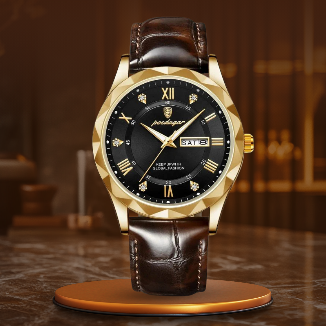 Relógio de Quartzo com Pulseira de Couro Luxuosa