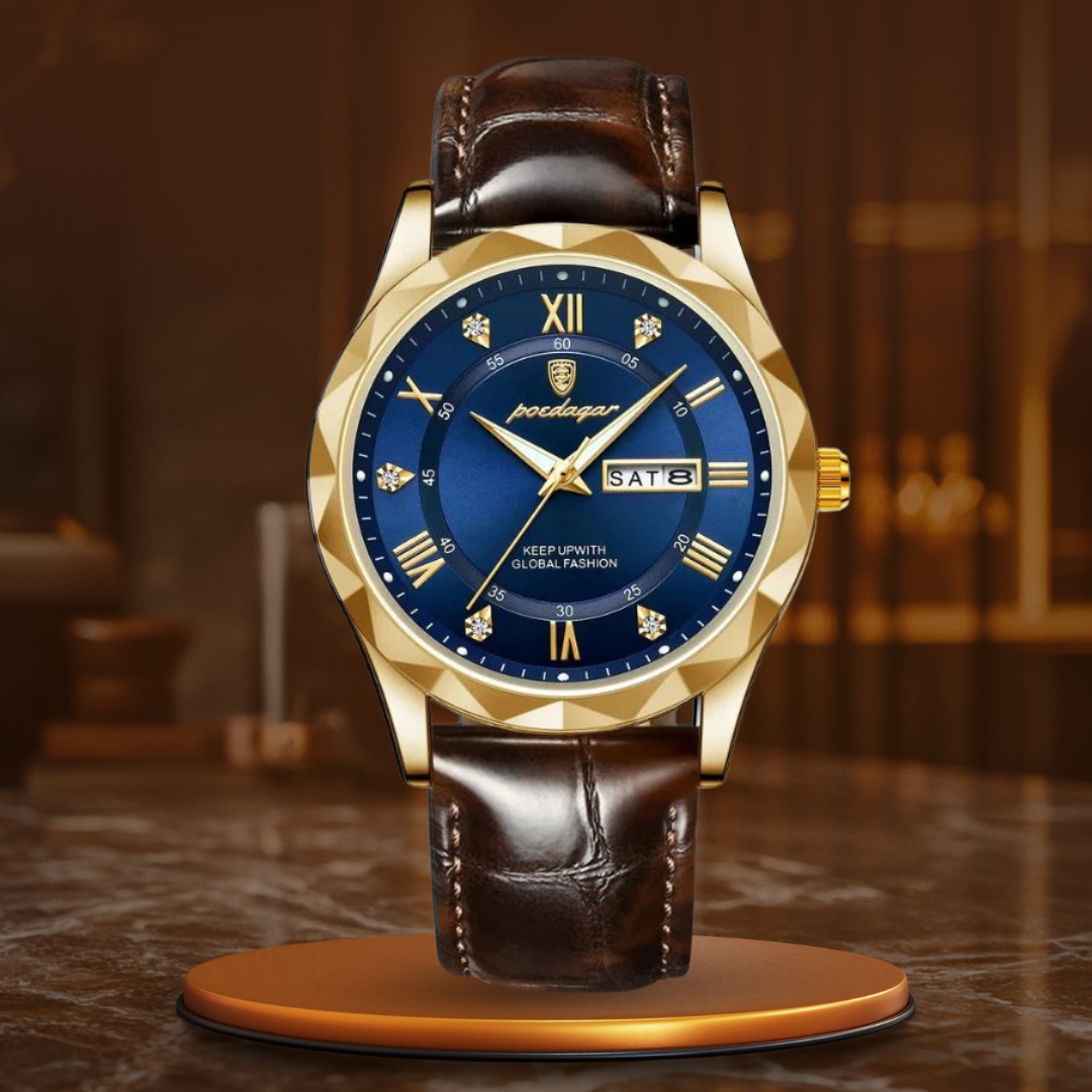 Relógio de Quartzo com Pulseira de Couro Luxuosa