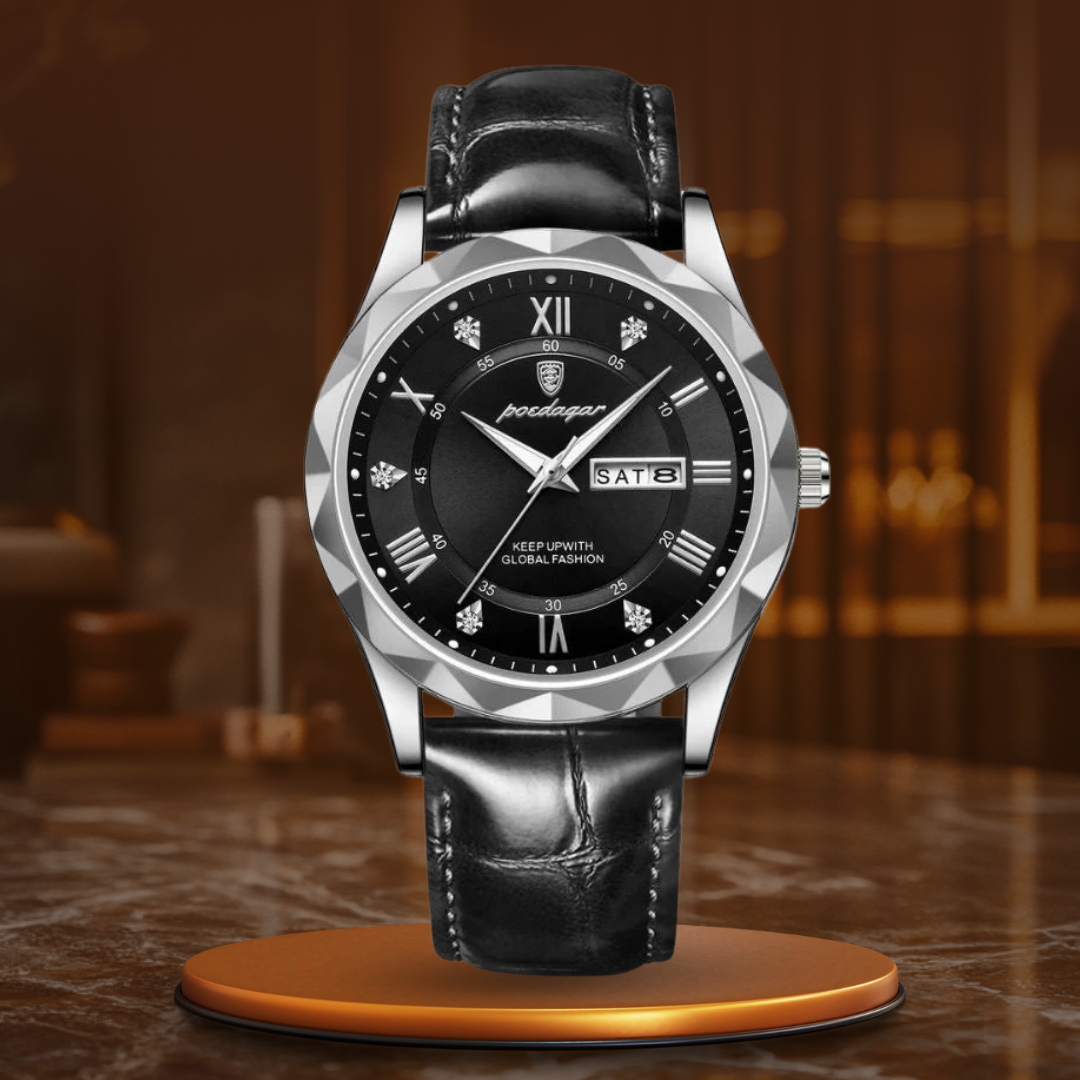 Relógio de Quartzo com Pulseira de Couro Luxuosa