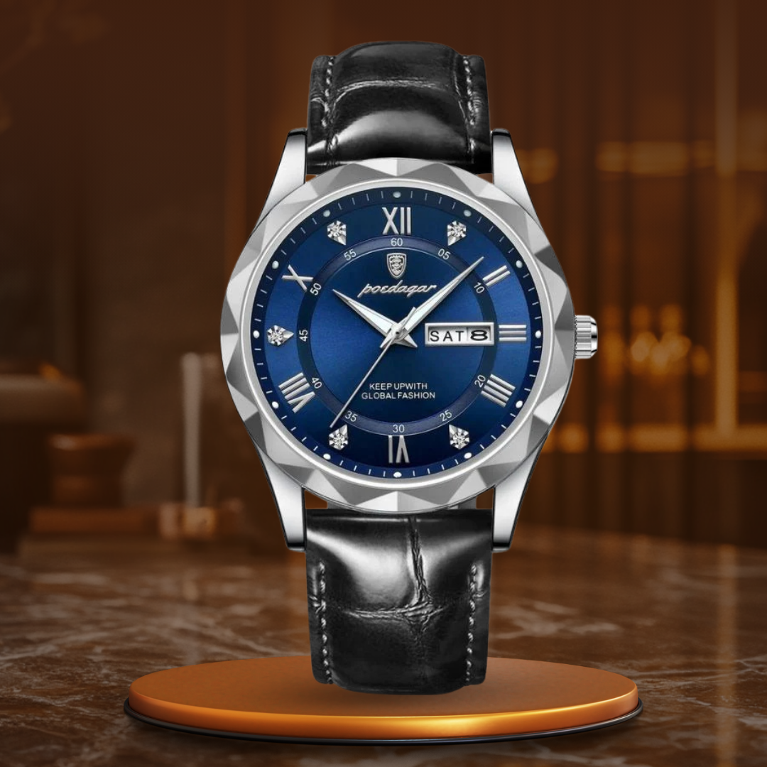 Relógio de Quartzo com Pulseira de Couro Luxuosa