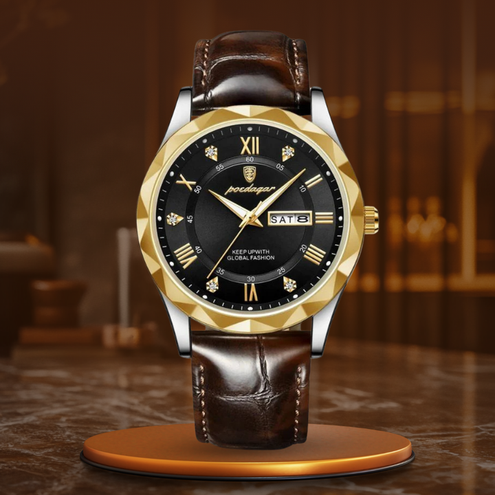 Relógio de Quartzo com Pulseira de Couro Luxuosa