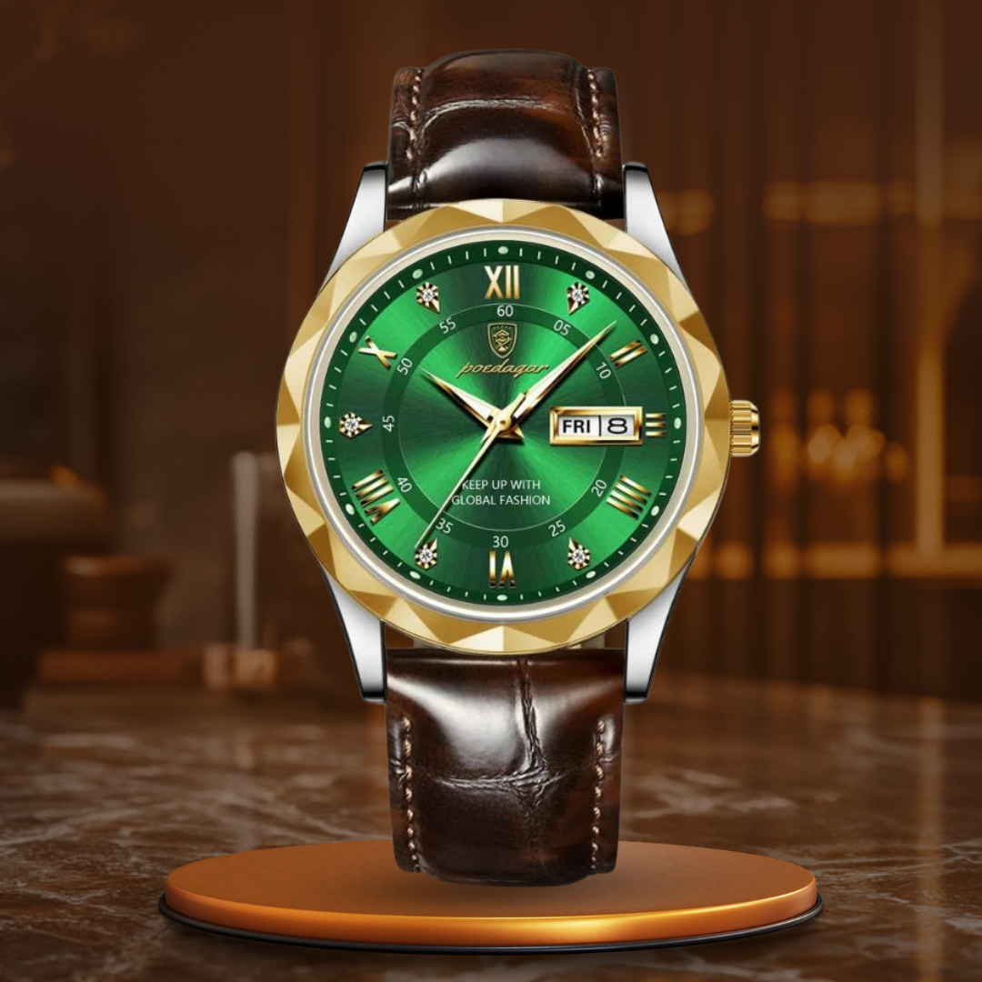 Relógio de Quartzo com Pulseira de Couro Luxuosa