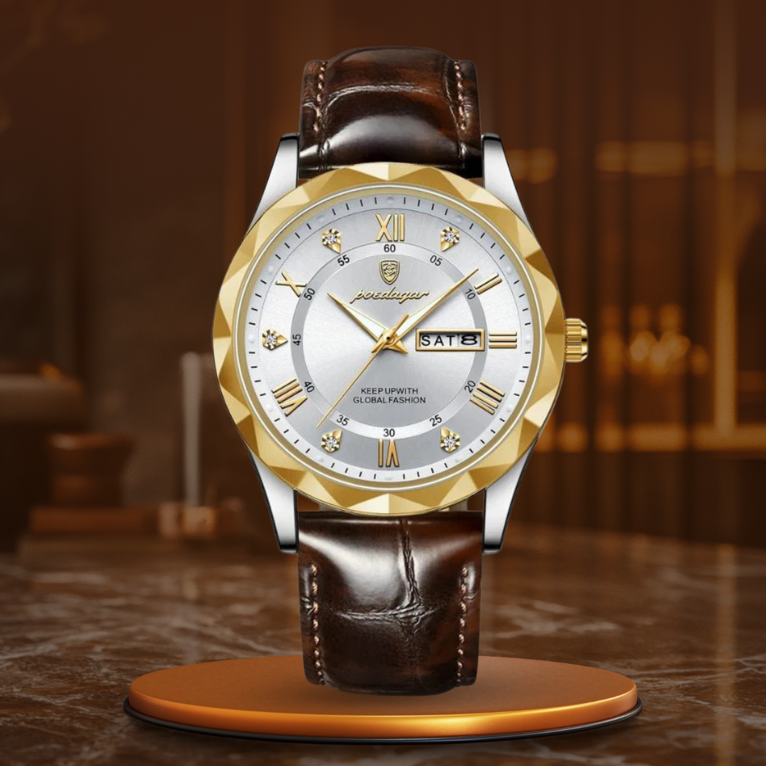 Relógio de Quartzo com Pulseira de Couro Luxuosa