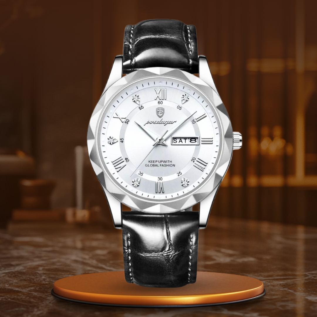 Relógio de Quartzo com Pulseira de Couro Luxuosa