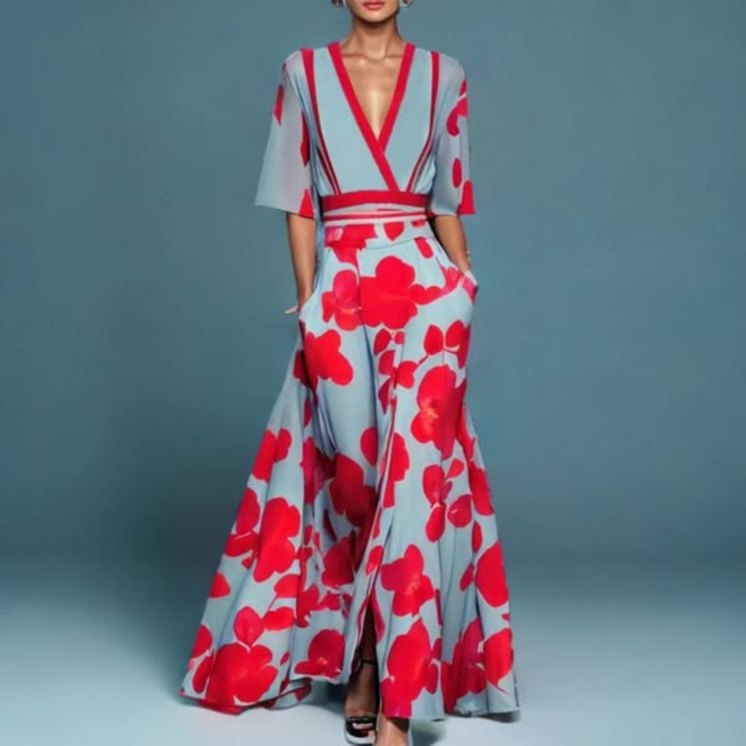 Hazel - Vestido Maxi Floral com Cinto e Decote em V