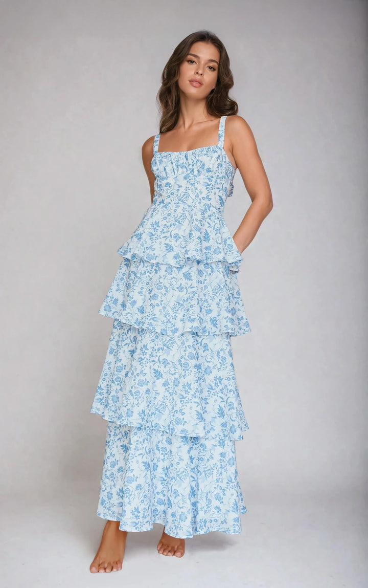 Vestido Midi Com Babados Provence Bloom Florido Azul
