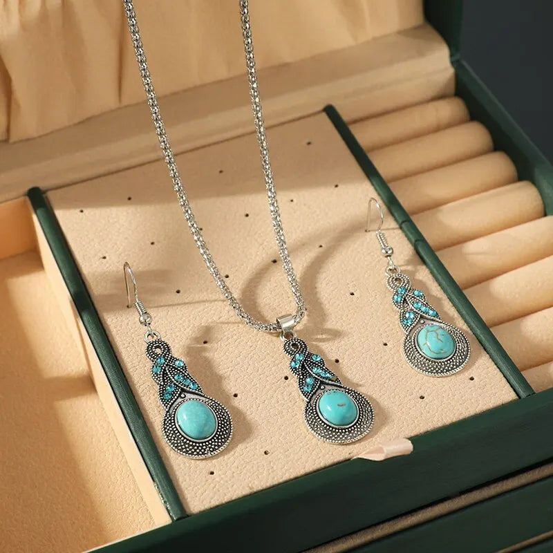 Conjunto de Joias Vintage com Pedras Turquesa