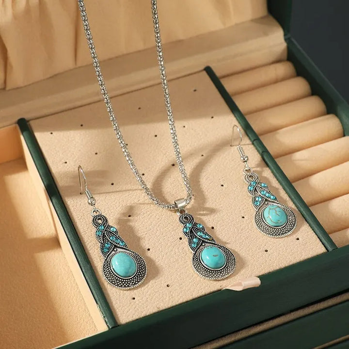 Conjunto de Joias Vintage com Pedras Turquesa