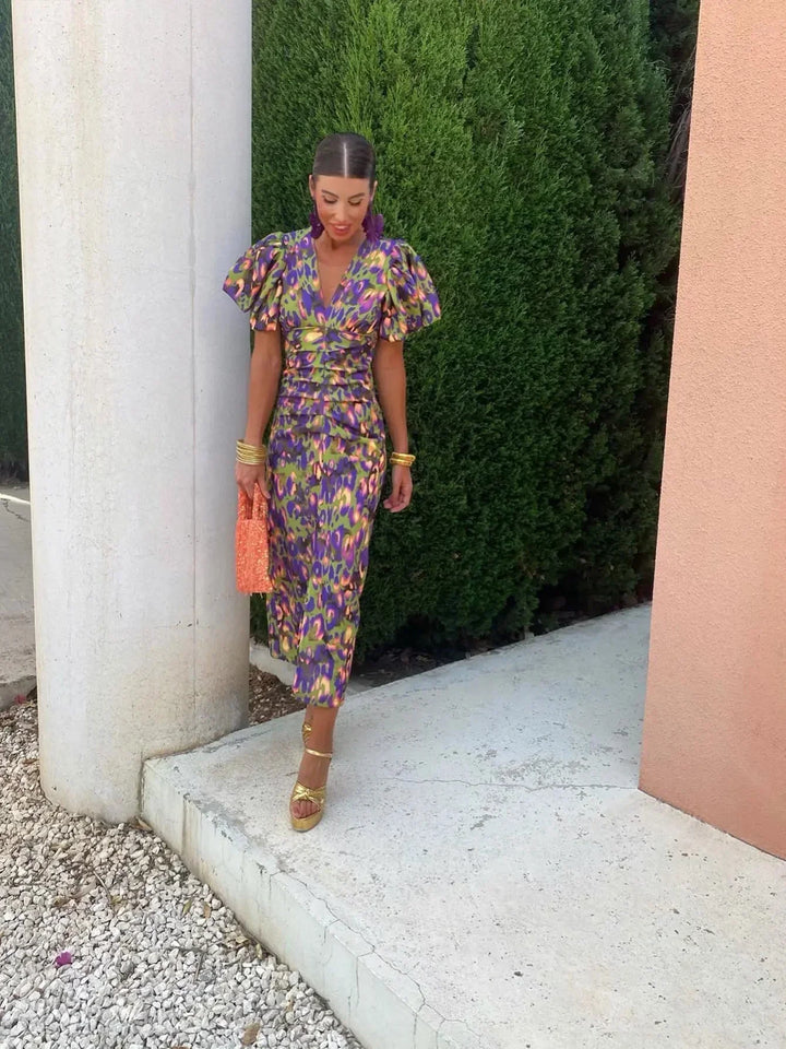 Aurora™ | Vestido Midi Vibrante com Mangas Bufantes