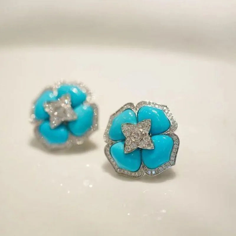 Brincos de Flor Azul Prata Sofisticados