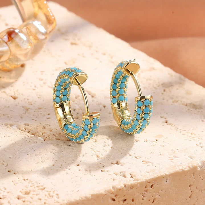 Brincos de Argola com Flor em Azul Turquesa Chic
