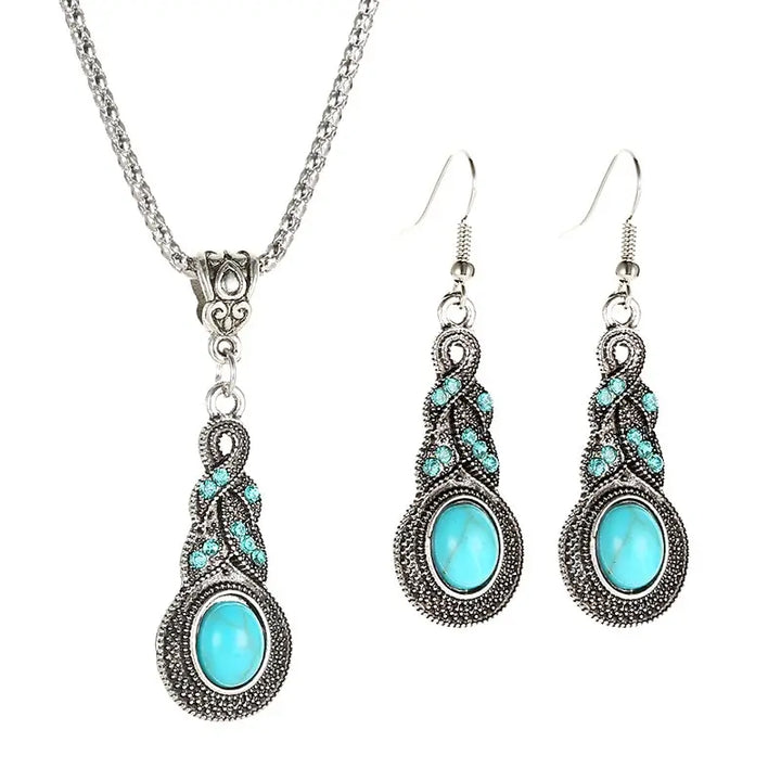 Conjunto de Joias Vintage com Pedras Turquesa