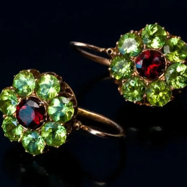 Brincos Vintage Redondos de Cristal Verde e Vermelho