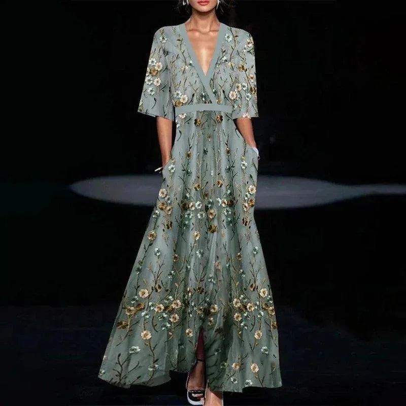 Hazel - Vestido Maxi Floral com Cinto e Decote em V