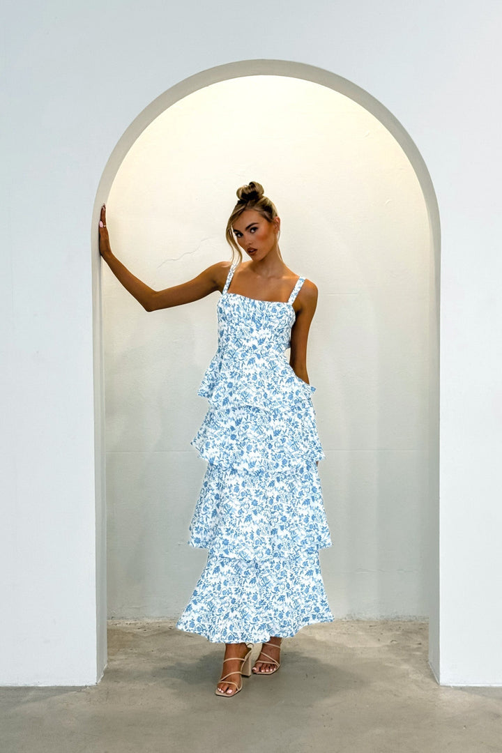 Vestido Midi Com Babados Provence Bloom Florido Azul