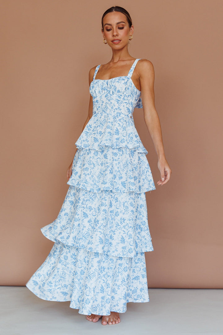 Vestido Midi Com Babados Provence Bloom Florido Azul