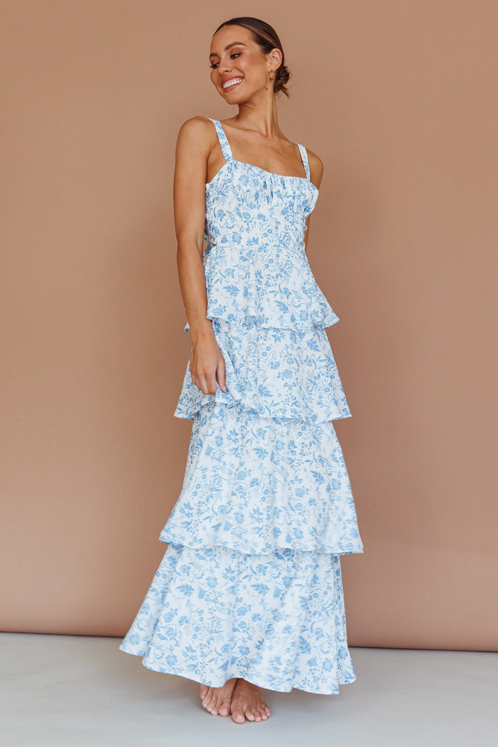 Vestido Midi Com Babados Provence Bloom Florido Azul