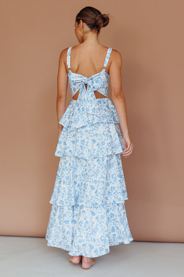 Vestido Midi Com Babados Provence Bloom Florido Azul
