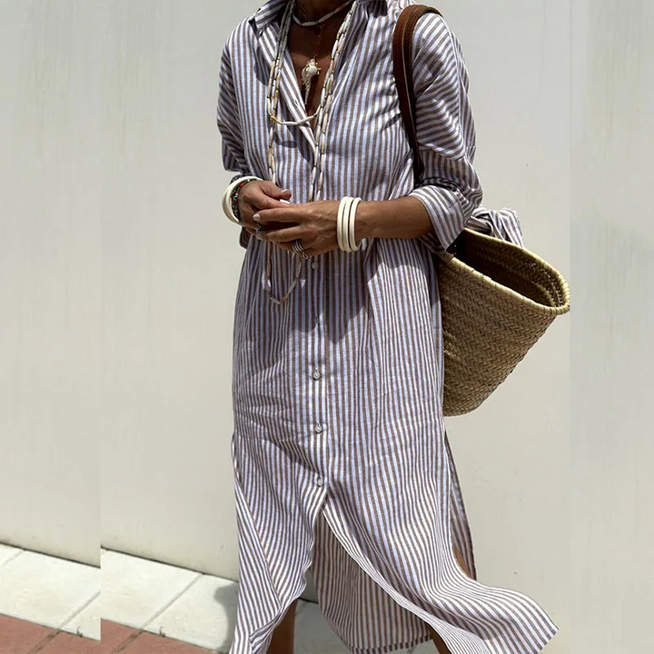 Hazel - Vestido Midi Confortável Listrado Sofisticado