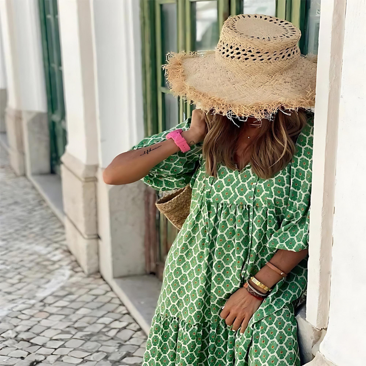 Mabel - Vestido Geométrico Estampado com Comprimento Assimétrico