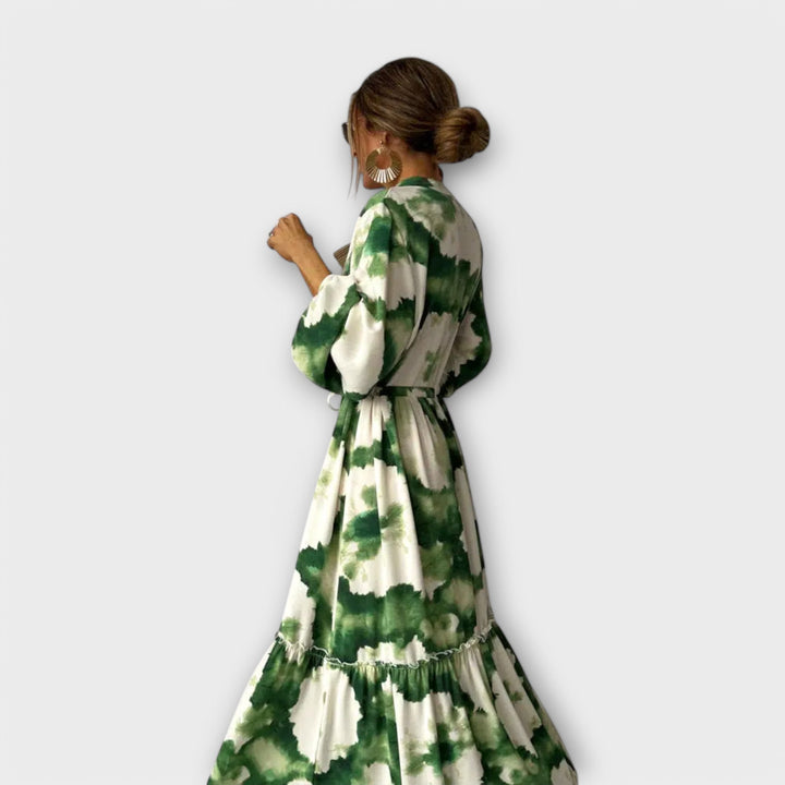 Melina - Vestido Maxi Verde com Mangas Longas e Decote em V