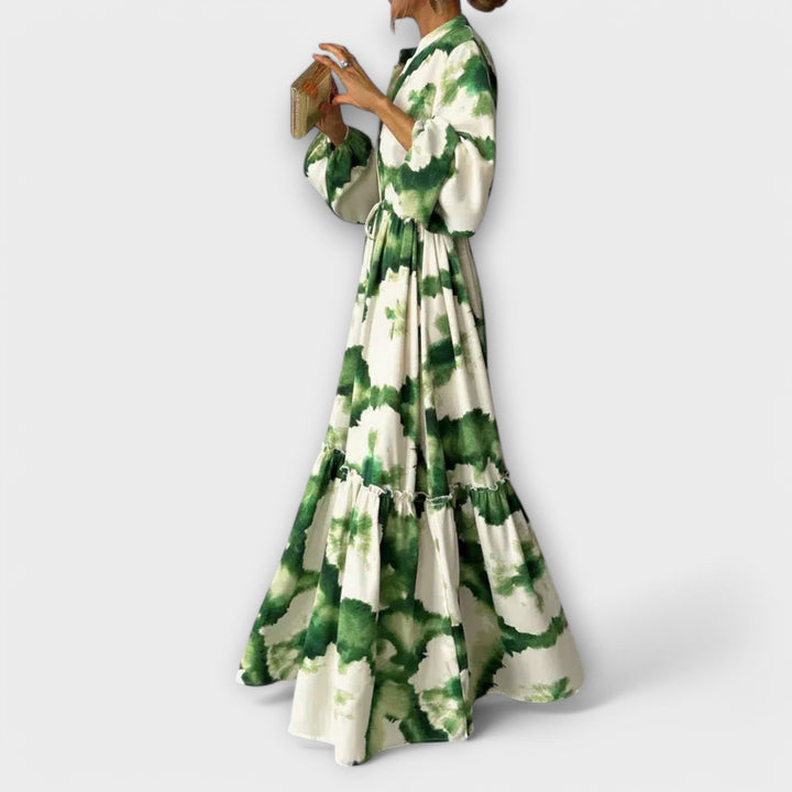 Melina - Vestido Maxi Verde com Mangas Longas e Decote em V