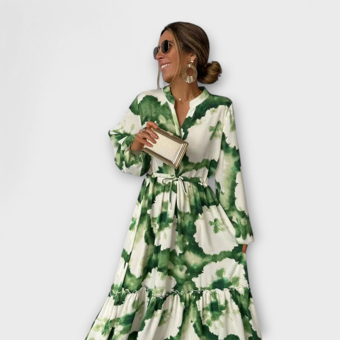 Melina - Vestido Maxi Verde com Mangas Longas e Decote em V