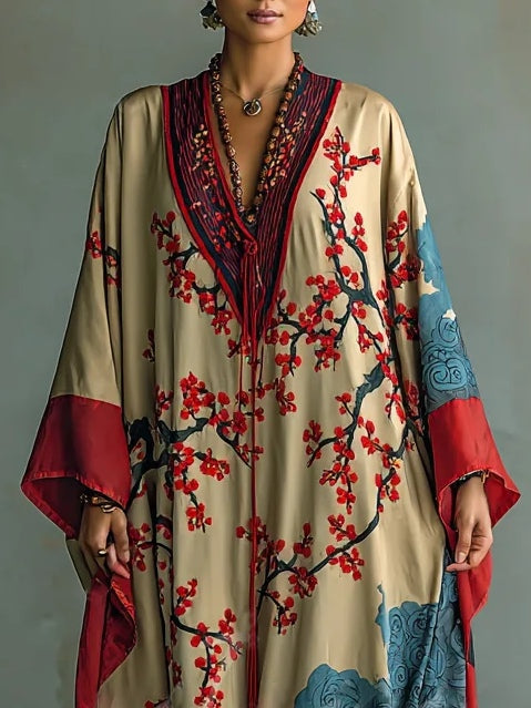 Vestido Maxi de Flor de Ameixa Vermelha Japonesa com Mangas Morcego e Estampa