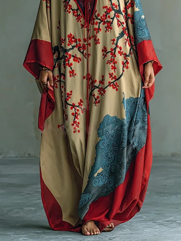 Vestido Maxi de Flor de Ameixa Vermelha Japonesa com Mangas Morcego e Estampa