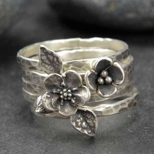 Anel Camadas Prata Flor Vintage