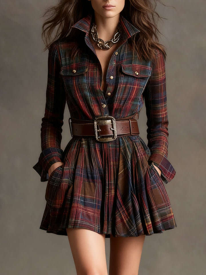 Vestido Mini Vintagem Xadrez Vermelho e Marrom (Inclui cinto)